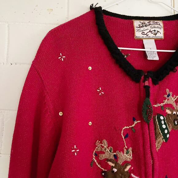 VINTAGE Red Ugly Christmas Sweater Zip Up Reindeer Large L - Picture 5 of 9